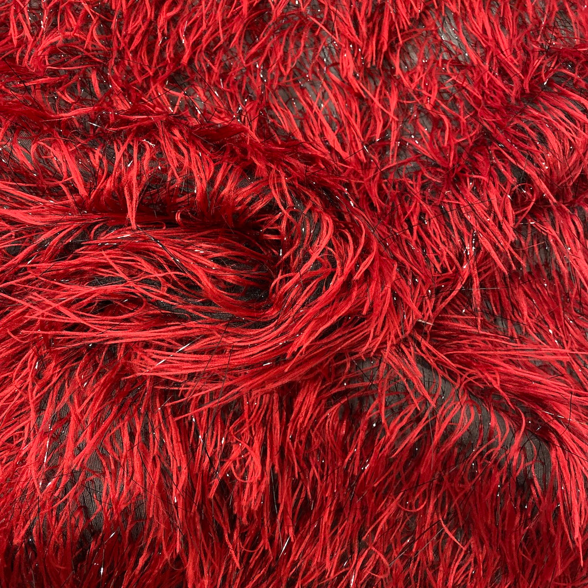 Dark Red | Black Metallic Faux Ostrich Feather Lace Fabric - Fashion Fabrics LLC