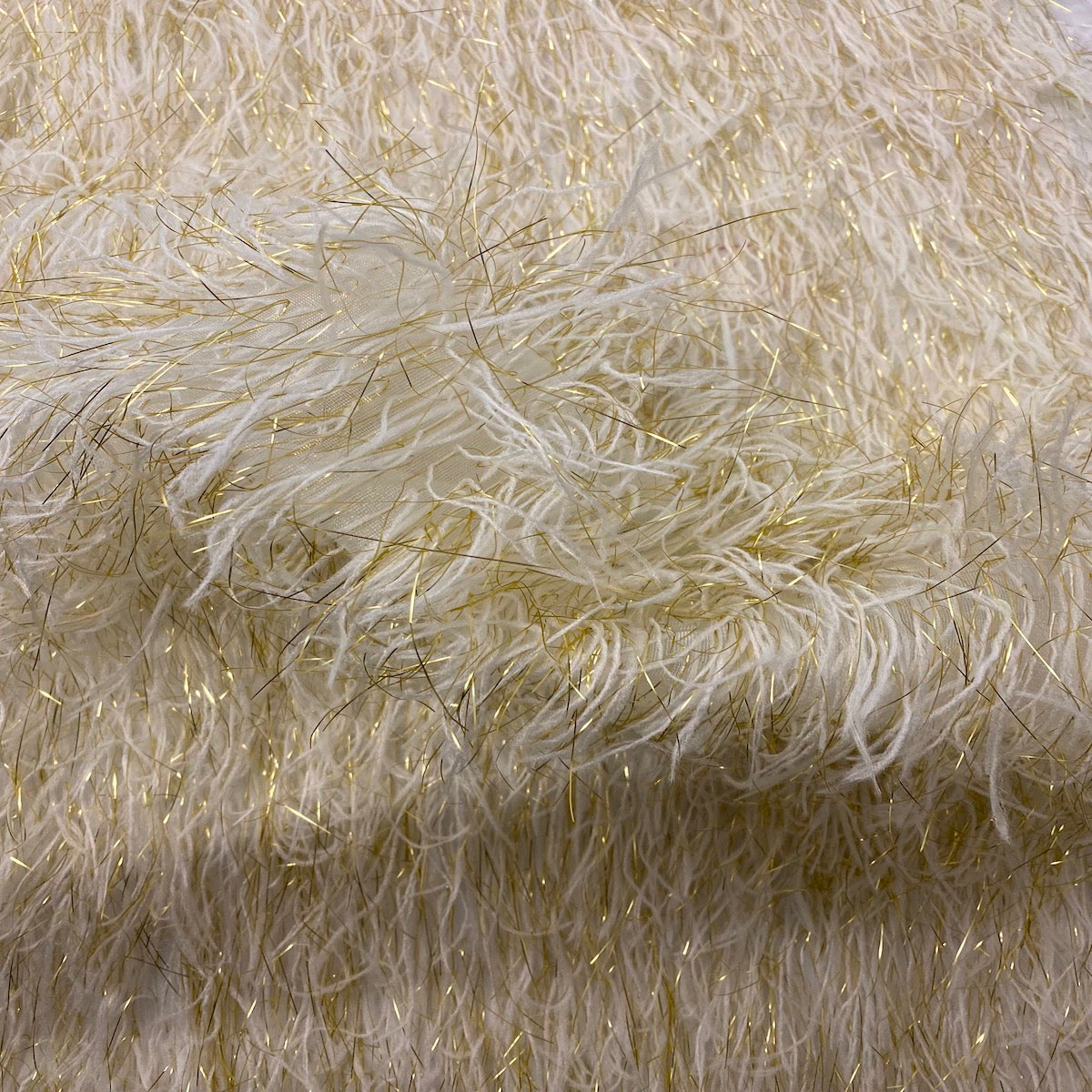 Ivory | Gold Metallic Faux Ostrich Feather Lace Fabric - Fashion Fabrics LLC