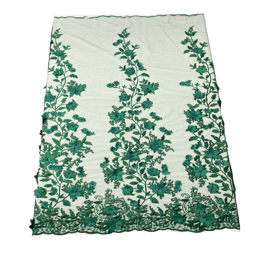 Hunter Green 3D Embroidered Satin Floral Pearl Lace Fabric - Fashion Fabrics LLC