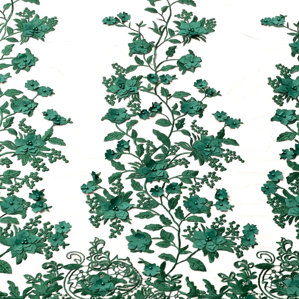 Hunter Green 3D Embroidered Satin Floral Pearl Lace Fabric - Fashion Fabrics LLC