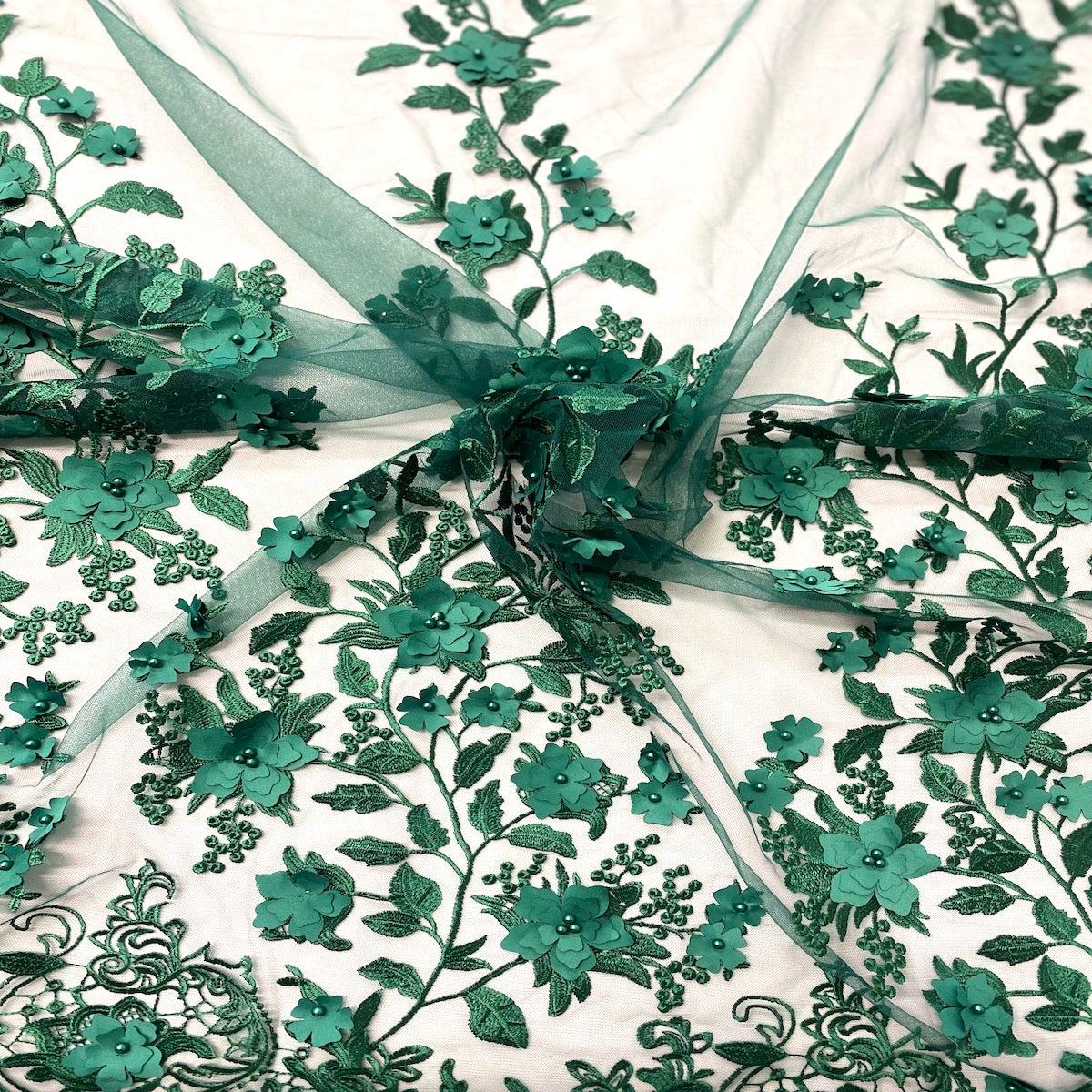 Hunter Green 3D Embroidered Satin Floral Pearl Lace Fabric - Fashion Fabrics LLC