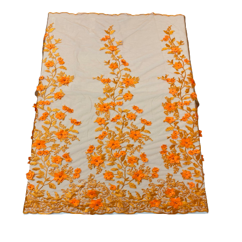 Orange 3D Embroidered Satin Floral Pearl Lace Fabric - Fashion Fabrics LLC