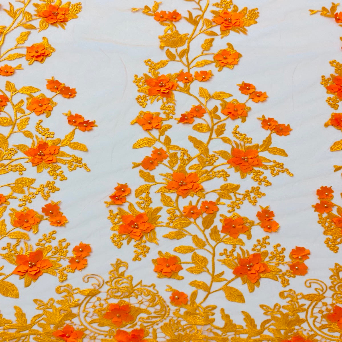 Orange 3D Embroidered Satin Floral Pearl Lace Fabric - Fashion Fabrics LLC