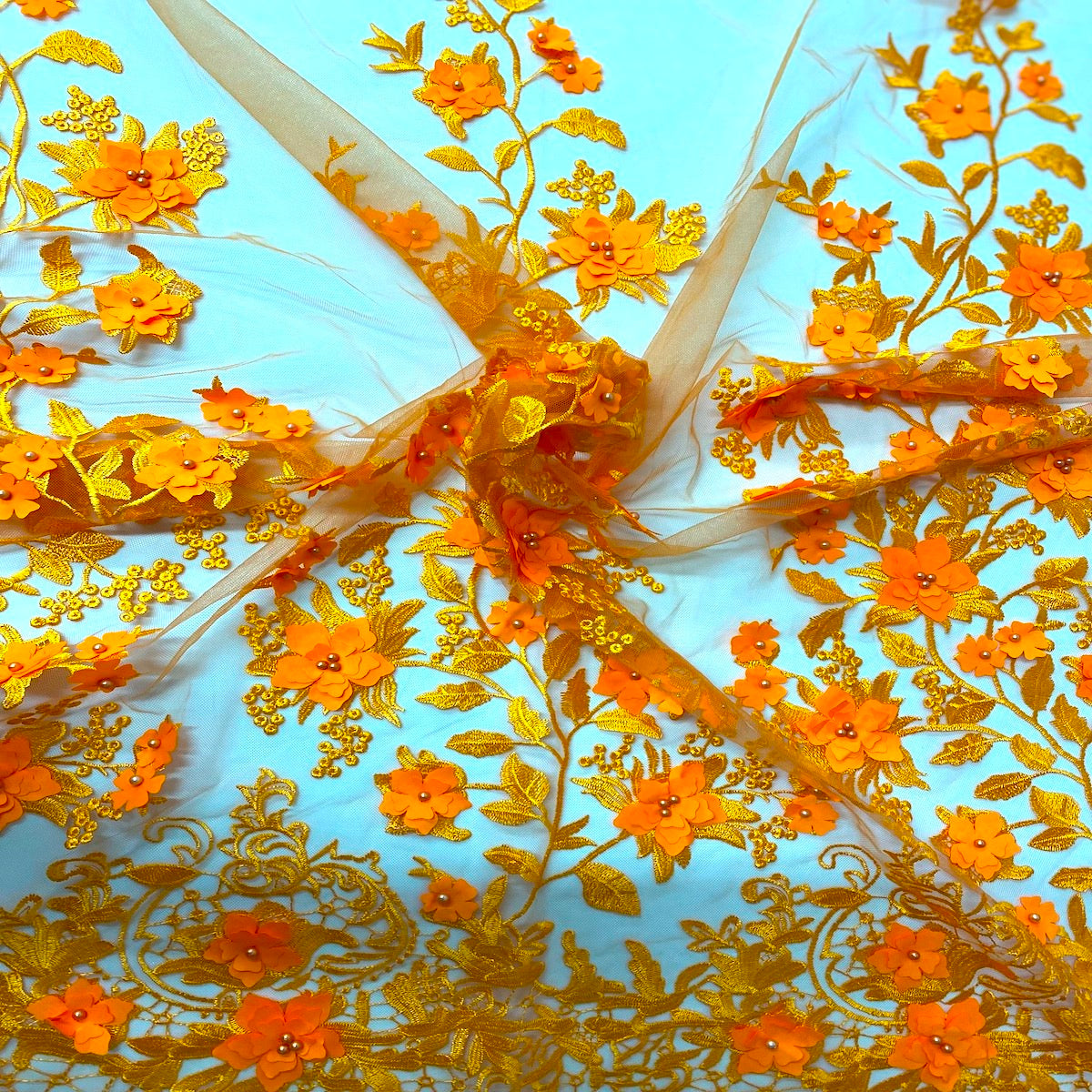 Orange 3D Embroidered Satin Floral Pearl Lace Fabric - Fashion Fabrics LLC