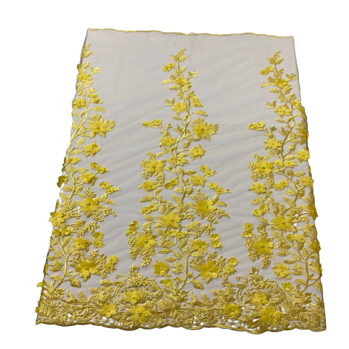 Yellow 3D Embroidered Satin Floral Pearl Lace Fabric - Fashion Fabrics LLC