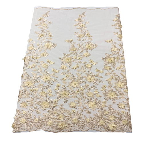 Beige 3D Embroidered Satin Floral Pearl Lace Fabric - Fashion Fabrics LLC