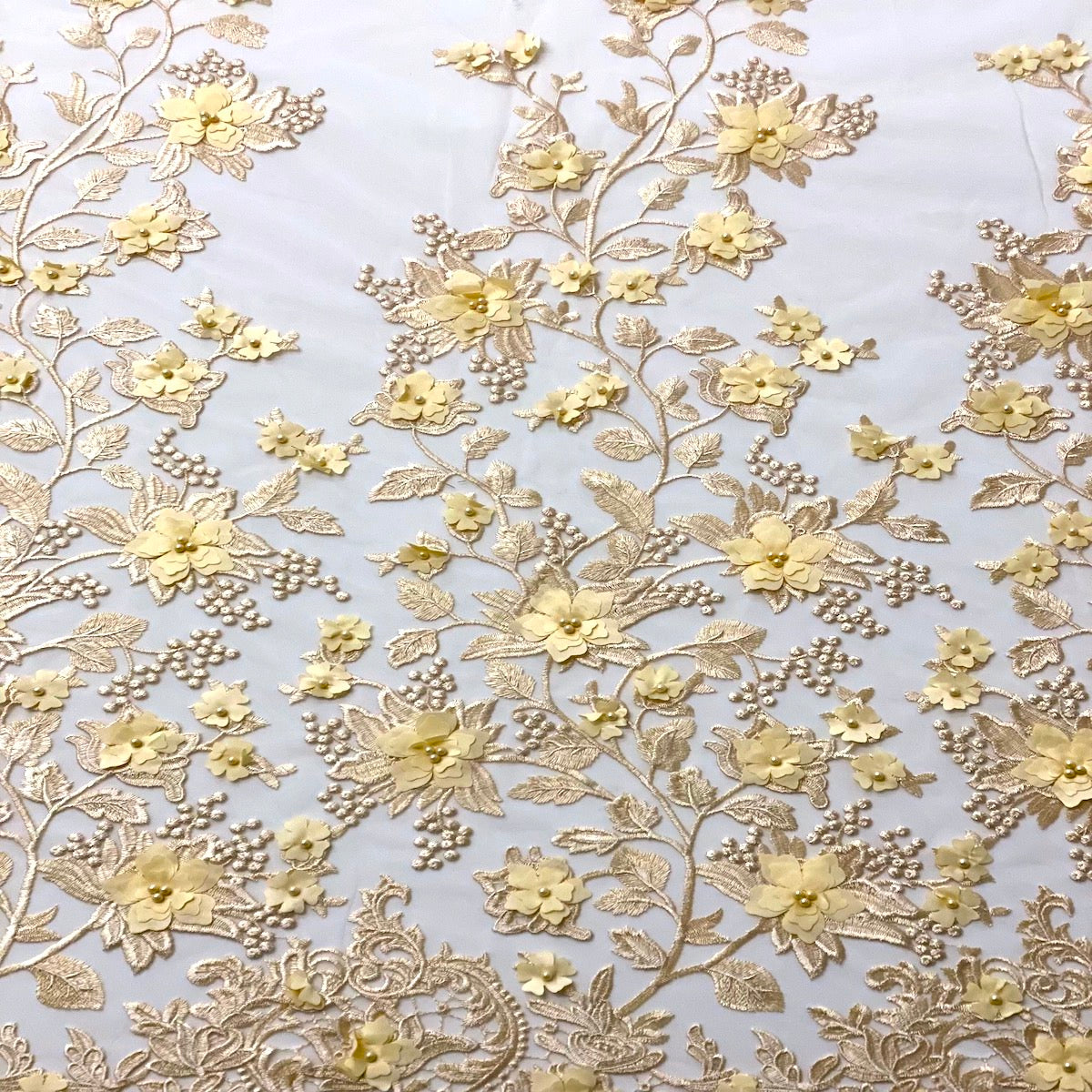 Beige 3D Embroidered Satin Floral Pearl Lace Fabric - Fashion Fabrics LLC
