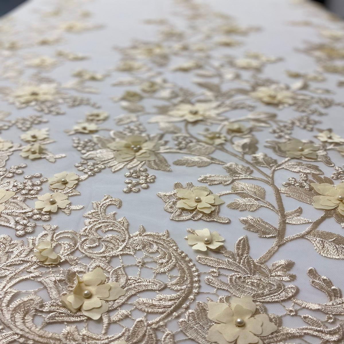 Beige 3D Embroidered Satin Floral Pearl Lace Fabric - Fashion Fabrics LLC
