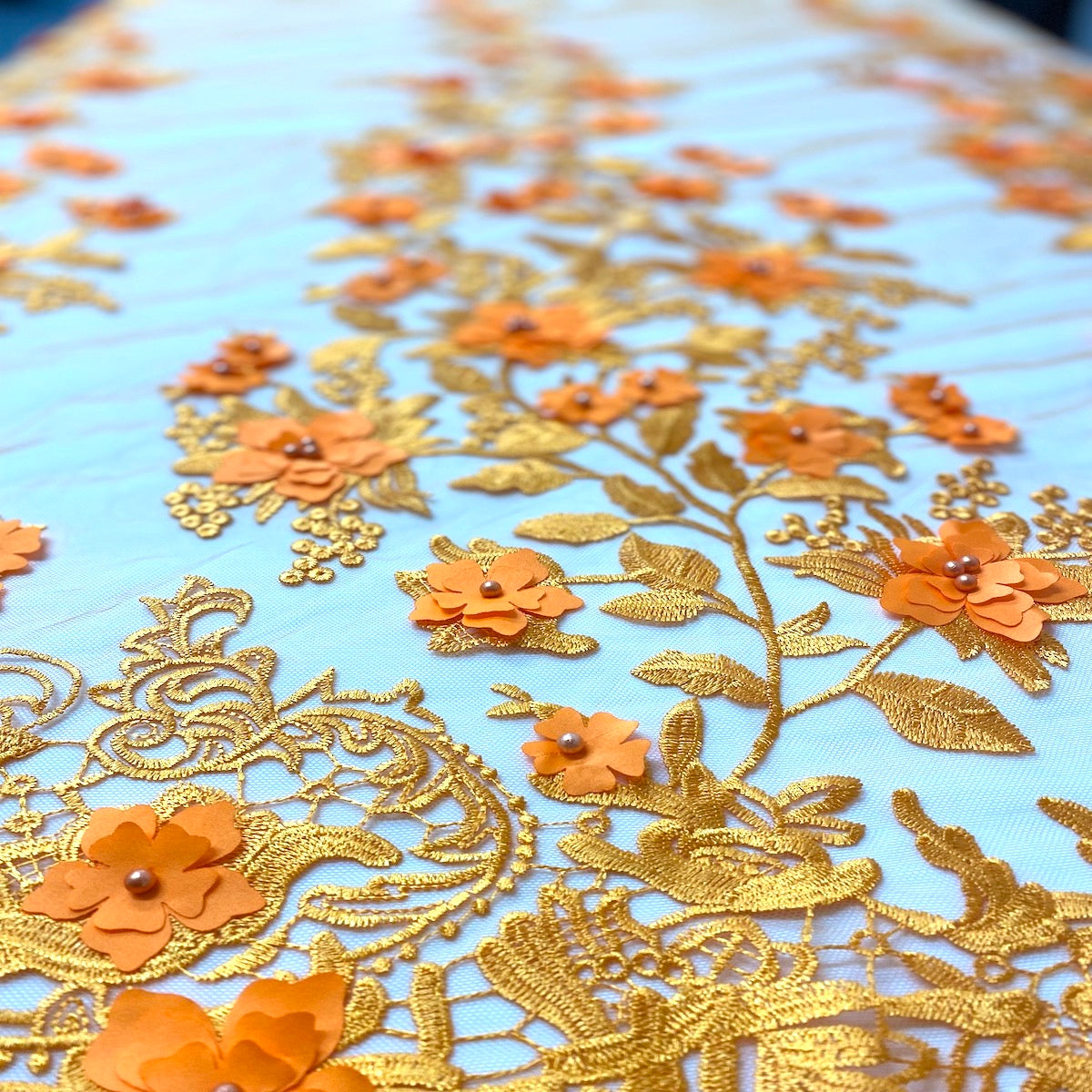 Orange 3D Embroidered Satin Floral Pearl Lace Fabric - Fashion Fabrics LLC