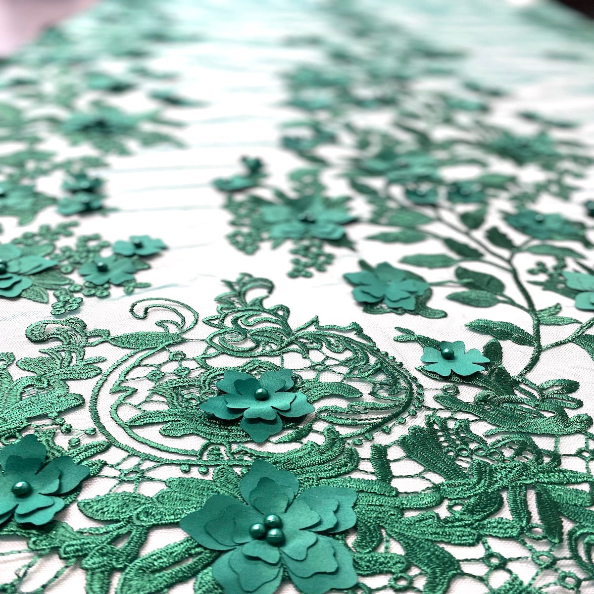Hunter Green 3D Embroidered Satin Floral Pearl Lace Fabric - Fashion Fabrics LLC