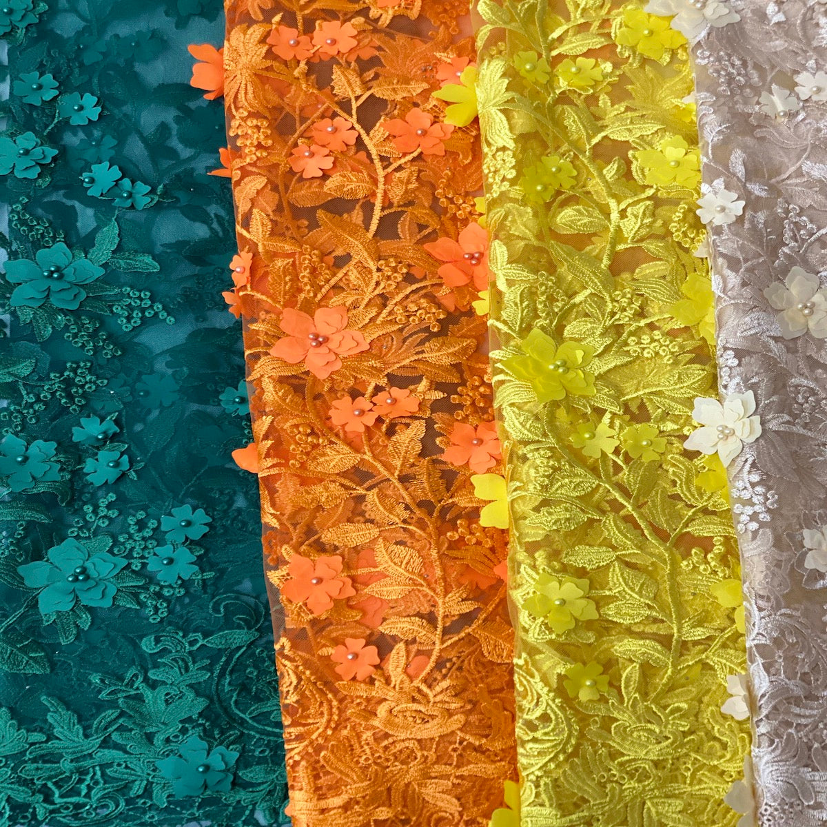 Hunter Green 3D Embroidered Satin Floral Pearl Lace Fabric - Fashion Fabrics LLC