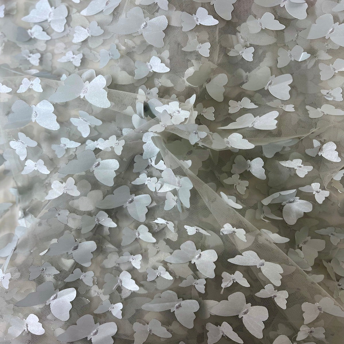 Gray 3D Butterfly Embroidered Satin Lace Fabric - Fashion Fabrics LLC