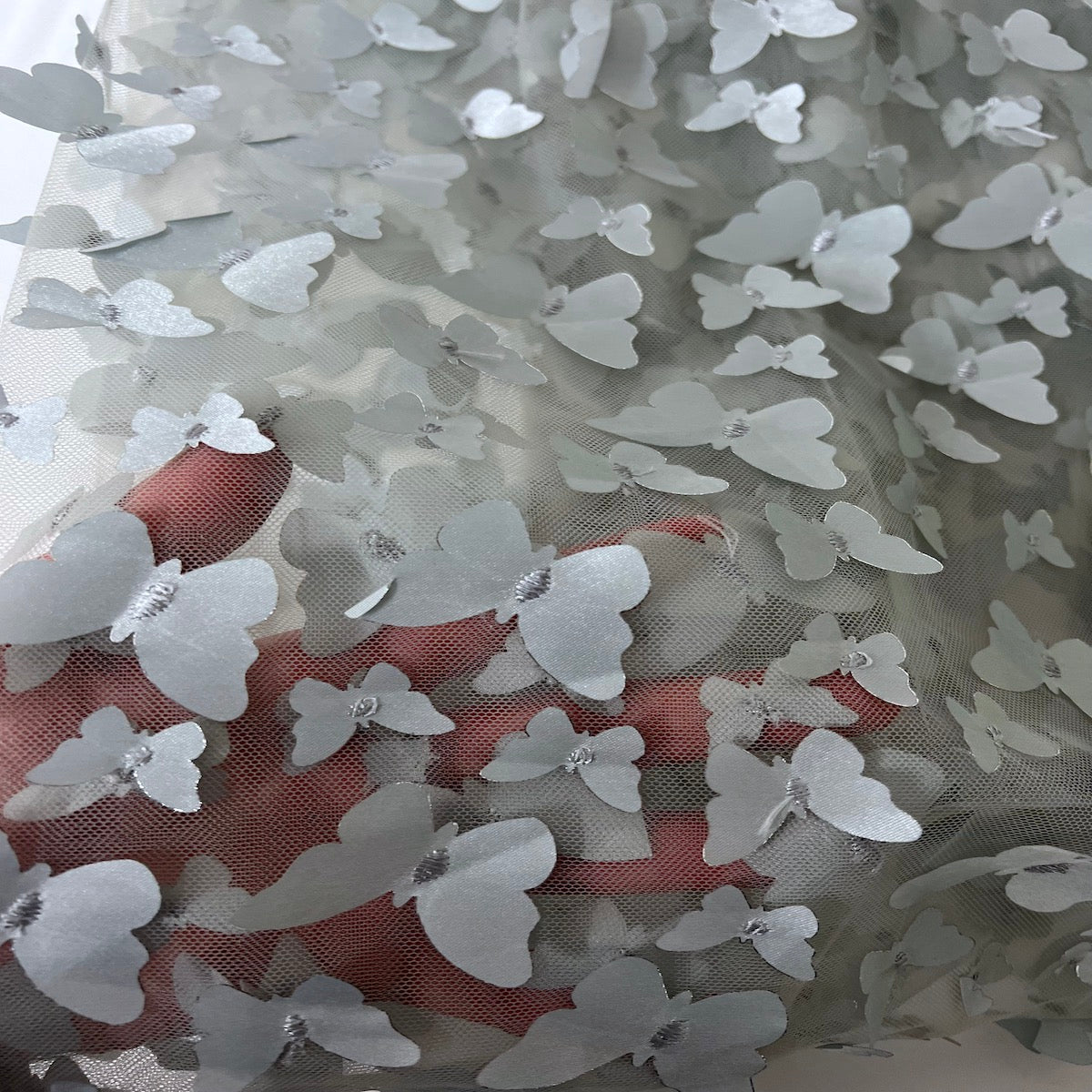 Gray 3D Butterfly Embroidered Satin Lace Fabric - Fashion Fabrics LLC