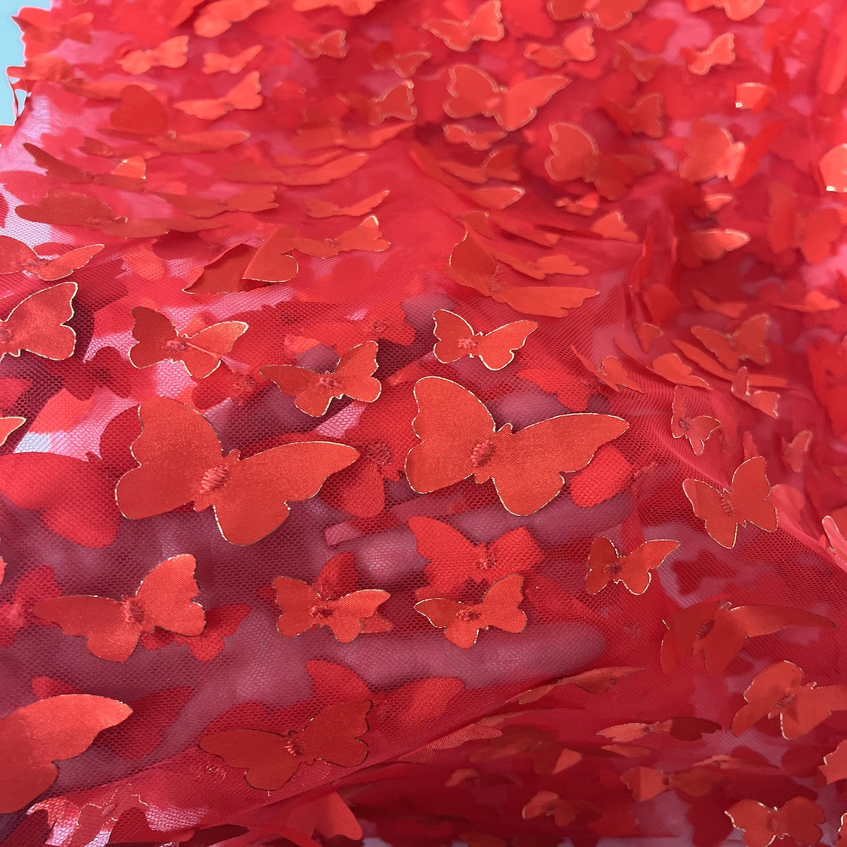 Red 3D Butterfly Embroidered Satin Lace Fabric - Fashion Fabrics LLC