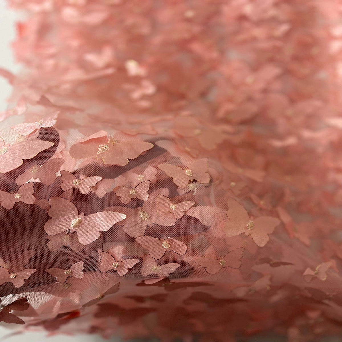 Blush Pink 3D Butterfly Embroidered Satin Lace Fabric - Fashion Fabrics LLC
