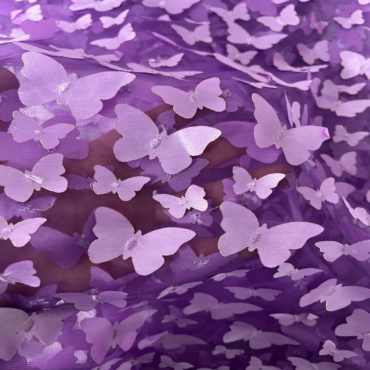 Lavender Purple 3D Butterfly Embroidered Satin Lace Fabric - Fashion Fabrics LLC