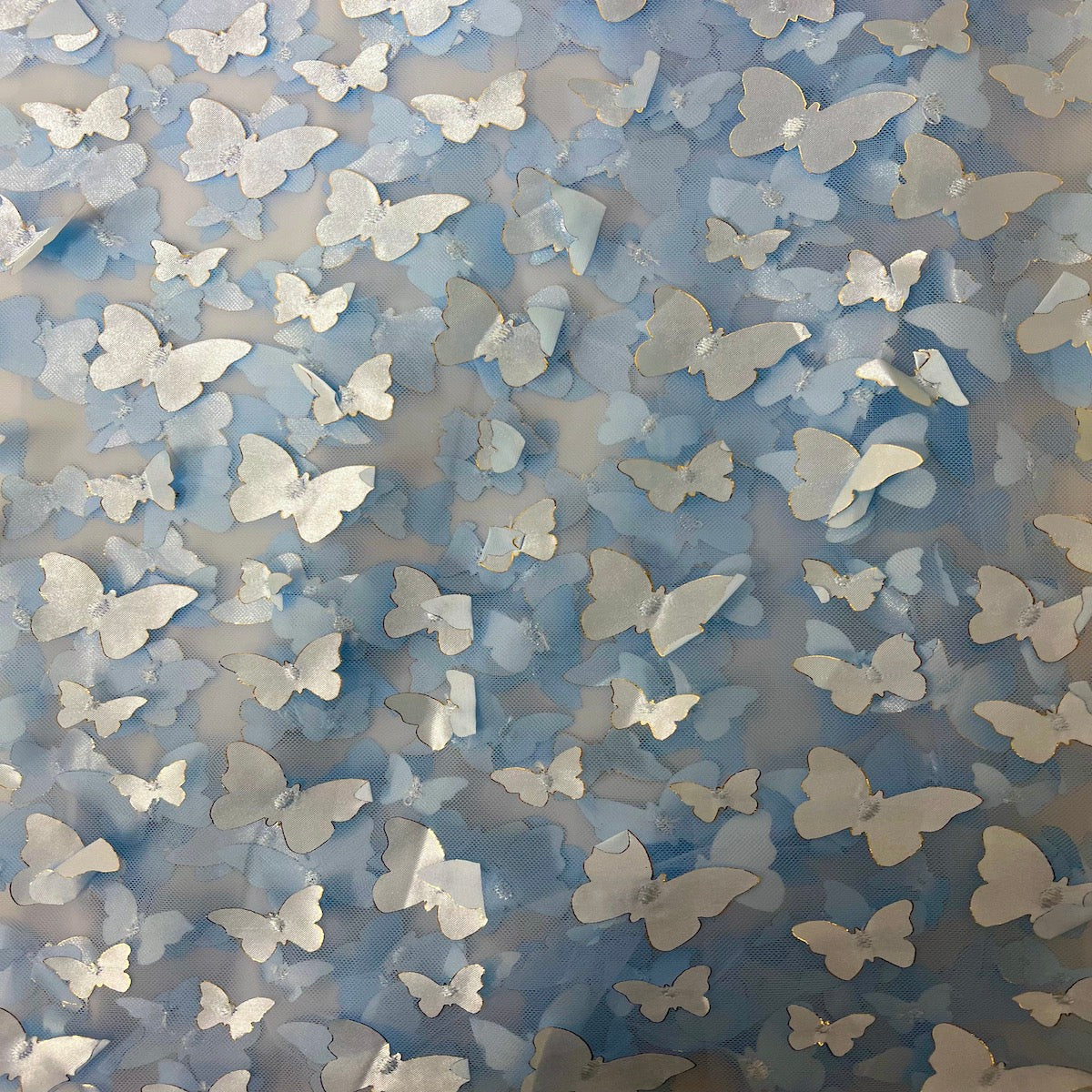 Baby Blue 3D Butterfly Embroidered Satin Lace Fabric - Fashion Fabrics LLC