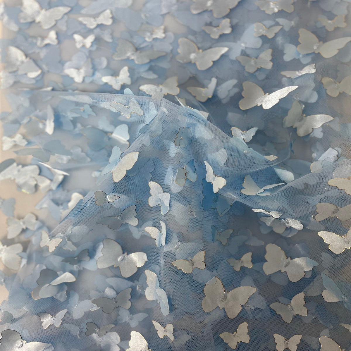 Baby Blue 3D Butterfly Embroidered Satin Lace Fabric - Fashion Fabrics LLC