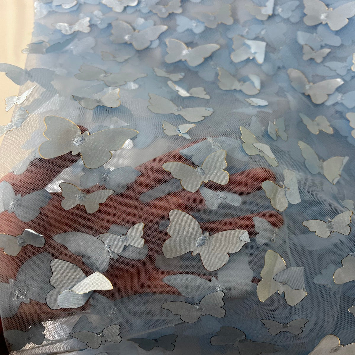 Baby Blue 3D Butterfly Embroidered Satin Lace Fabric - Fashion Fabrics LLC