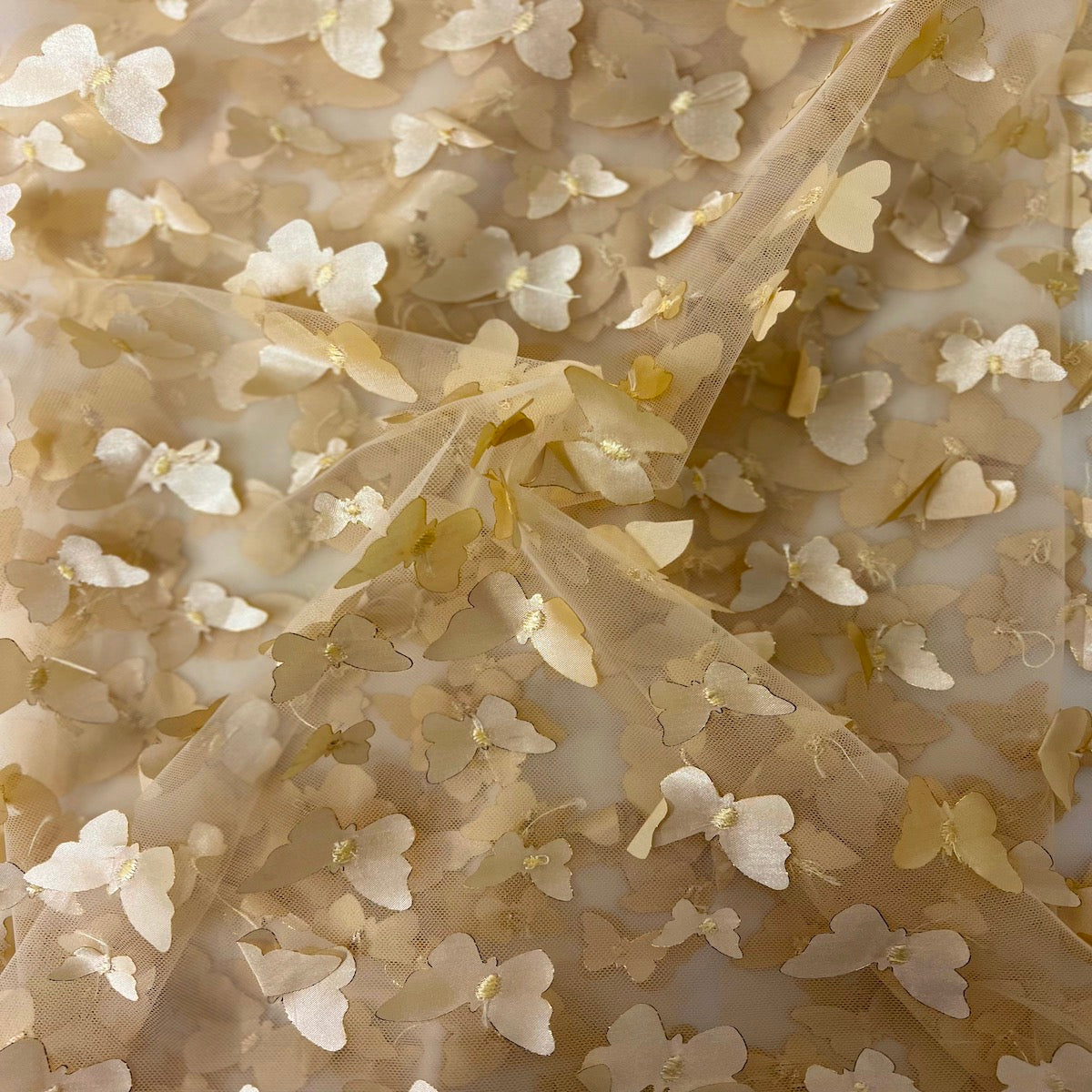 Gold 3D Butterfly Embroidered Satin Lace Fabric - Fashion Fabrics LLC