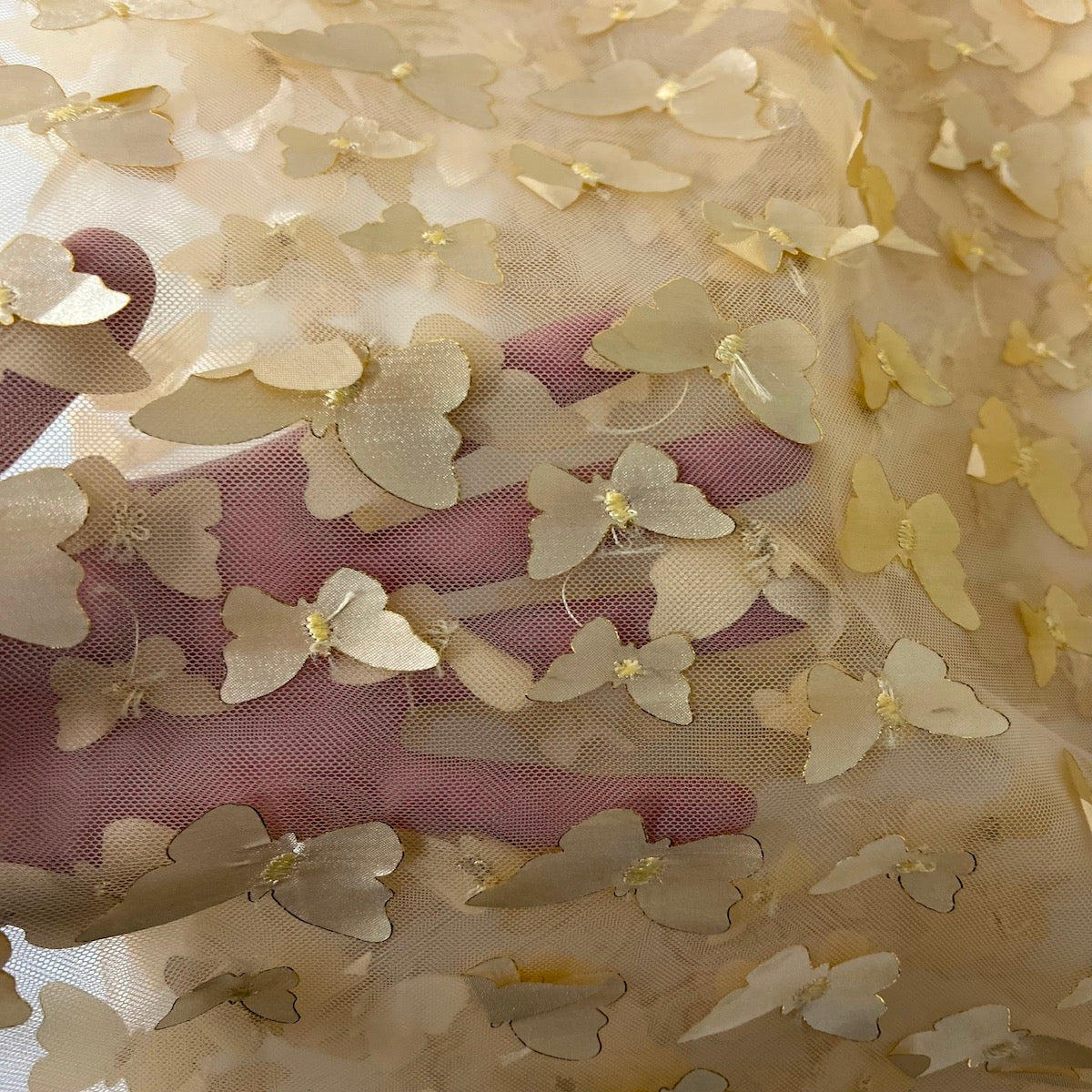 Gold 3D Butterfly Embroidered Satin Lace Fabric - Fashion Fabrics LLC