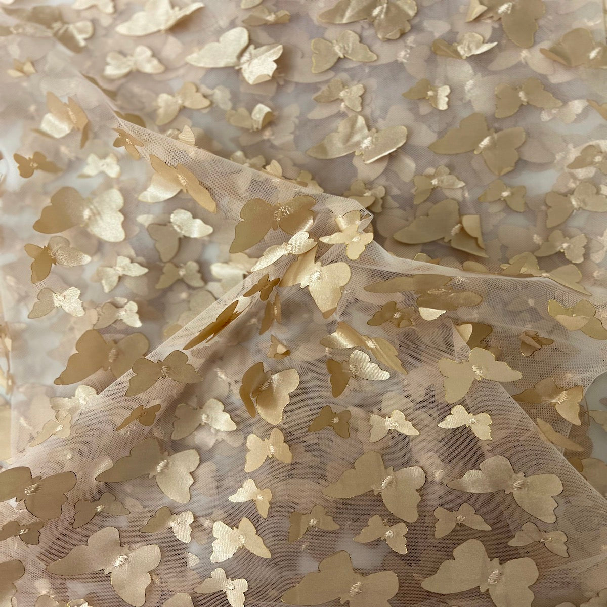 Champagne Gold 3D Butterfly Embroidered Satin Lace Fabric - Fashion Fabrics LLC