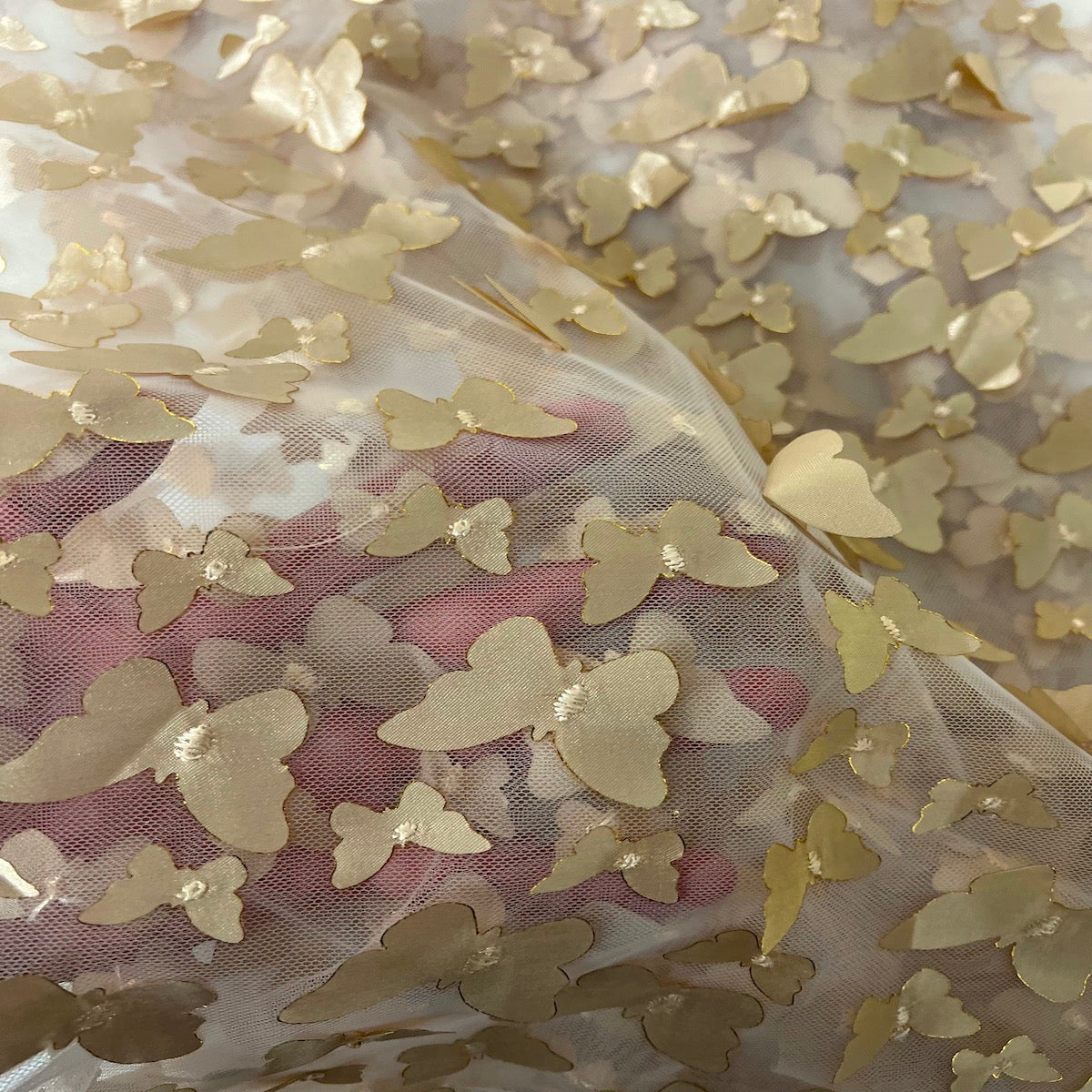 Champagne Gold 3D Butterfly Embroidered Satin Lace Fabric - Fashion Fabrics LLC