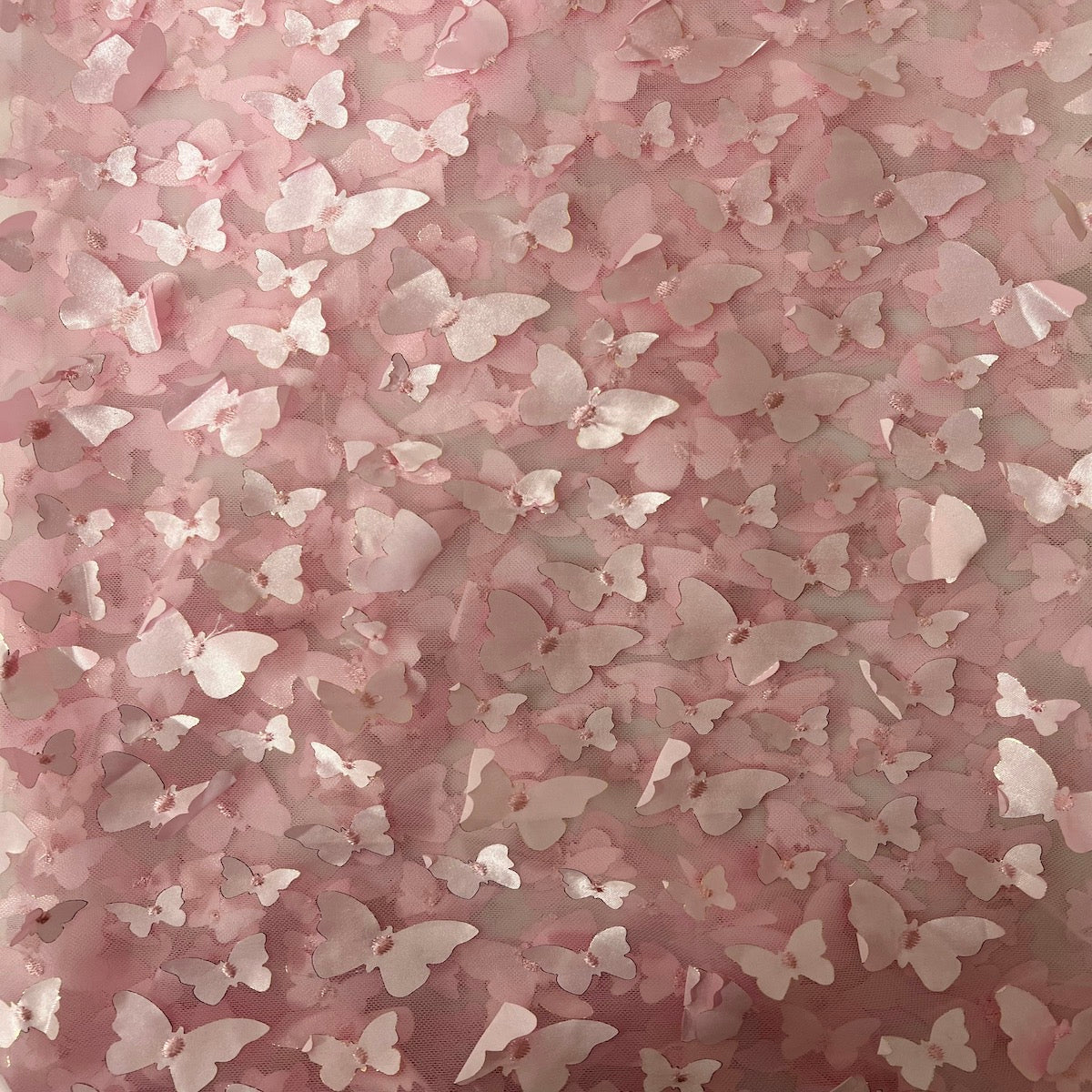 Pink 3D Butterfly Embroidered Satin Lace Fabric - Fashion Fabrics LLC