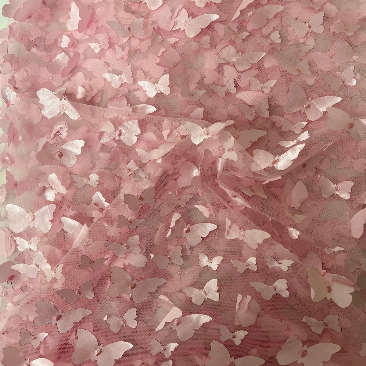 Pink 3D Butterfly Embroidered Satin Lace Fabric - Fashion Fabrics LLC