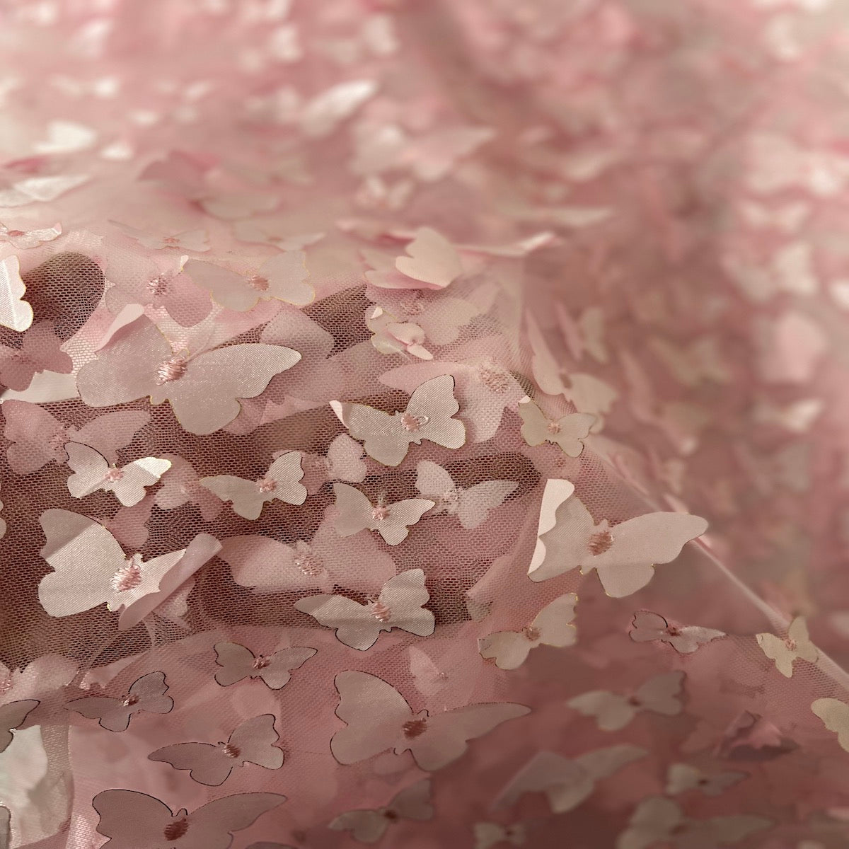 Pink 3D Butterfly Embroidered Satin Lace Fabric - Fashion Fabrics LLC