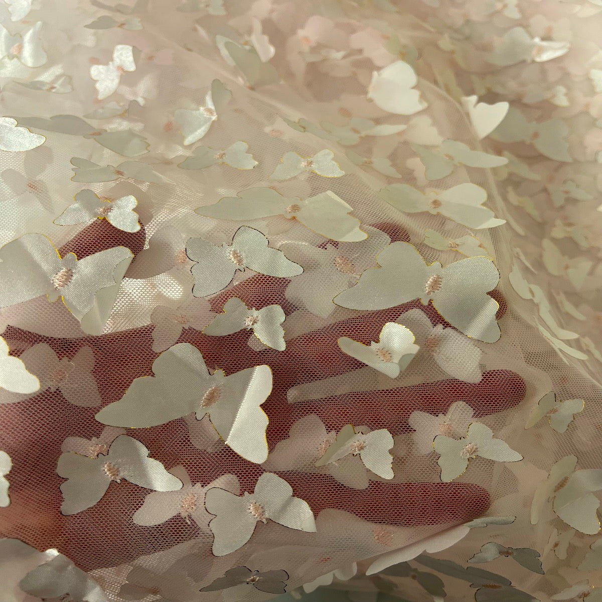 Light Pink 3D Butterfly Embroidered Satin Lace Fabric - Fashion Fabrics LLC