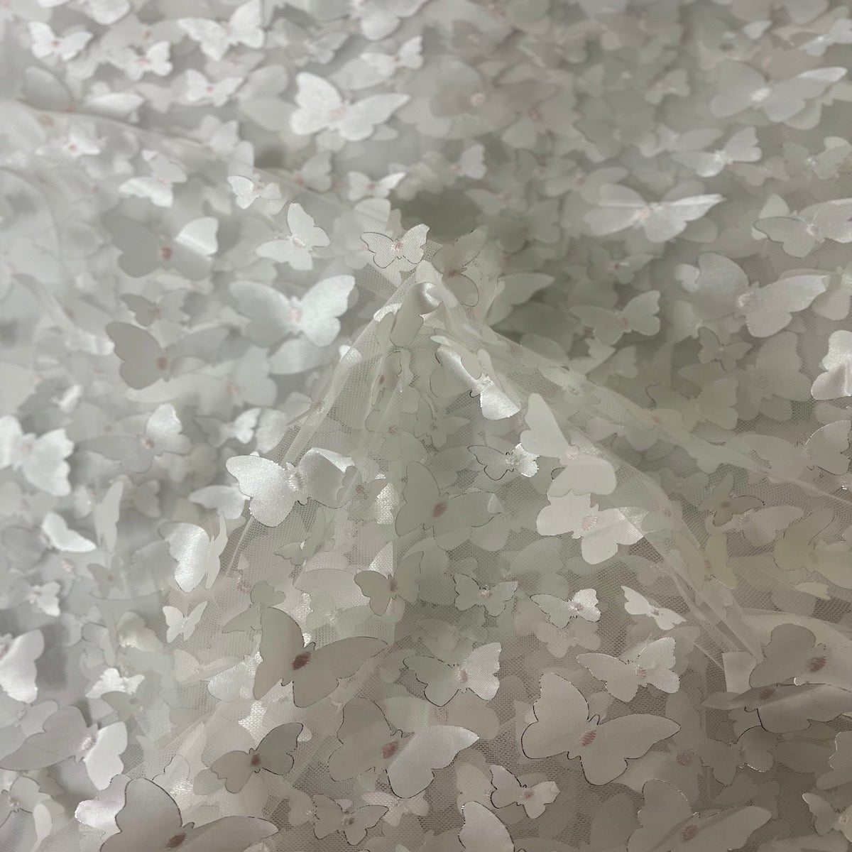 Ivory 3D Butterfly Embroidered Satin Lace Fabric - Fashion Fabrics LLC