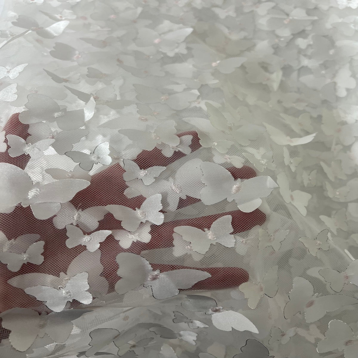 Ivory 3D Butterfly Embroidered Satin Lace Fabric - Fashion Fabrics LLC