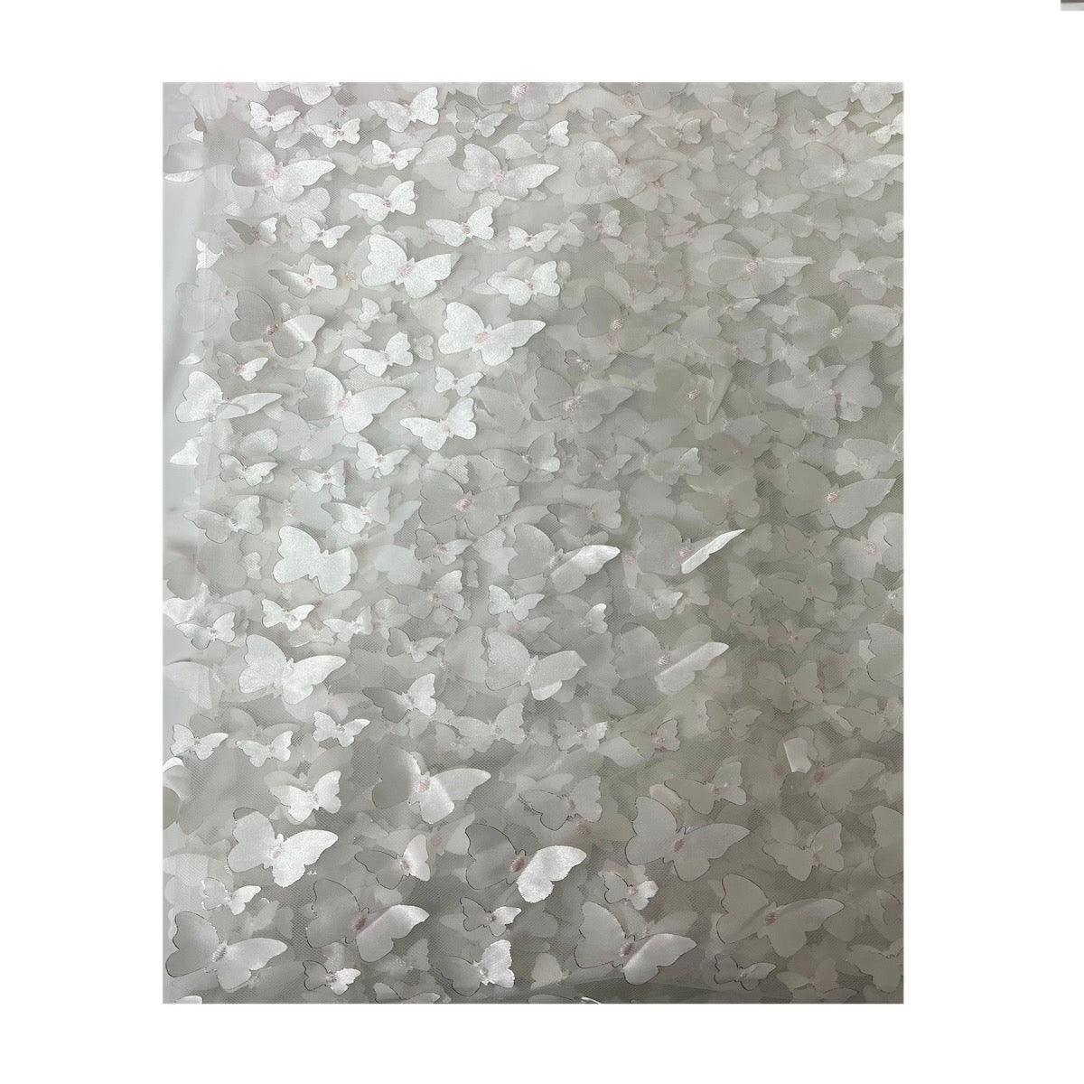 Ivory 3D Butterfly Embroidered Satin Lace Fabric - Fashion Fabrics LLC