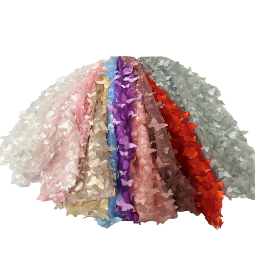 Red 3D Butterfly Embroidered Satin Lace Fabric - Fashion Fabrics LLC