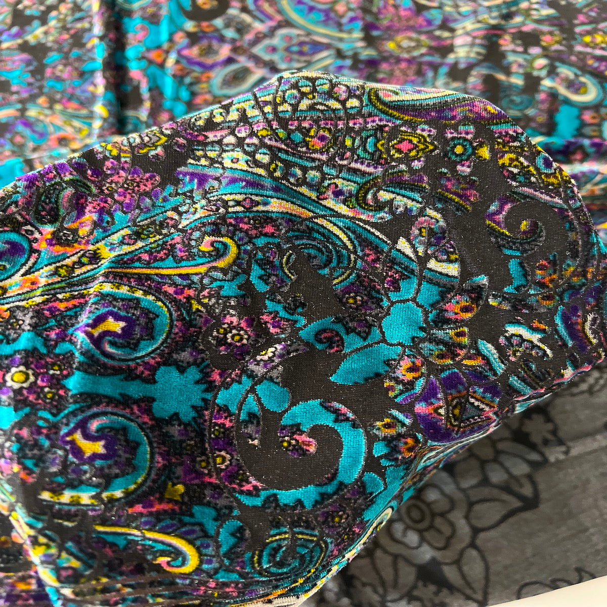Teal Blue Sur Multicolor Burnout Stretch Velvet Fabric - Fashion Fabrics LLC