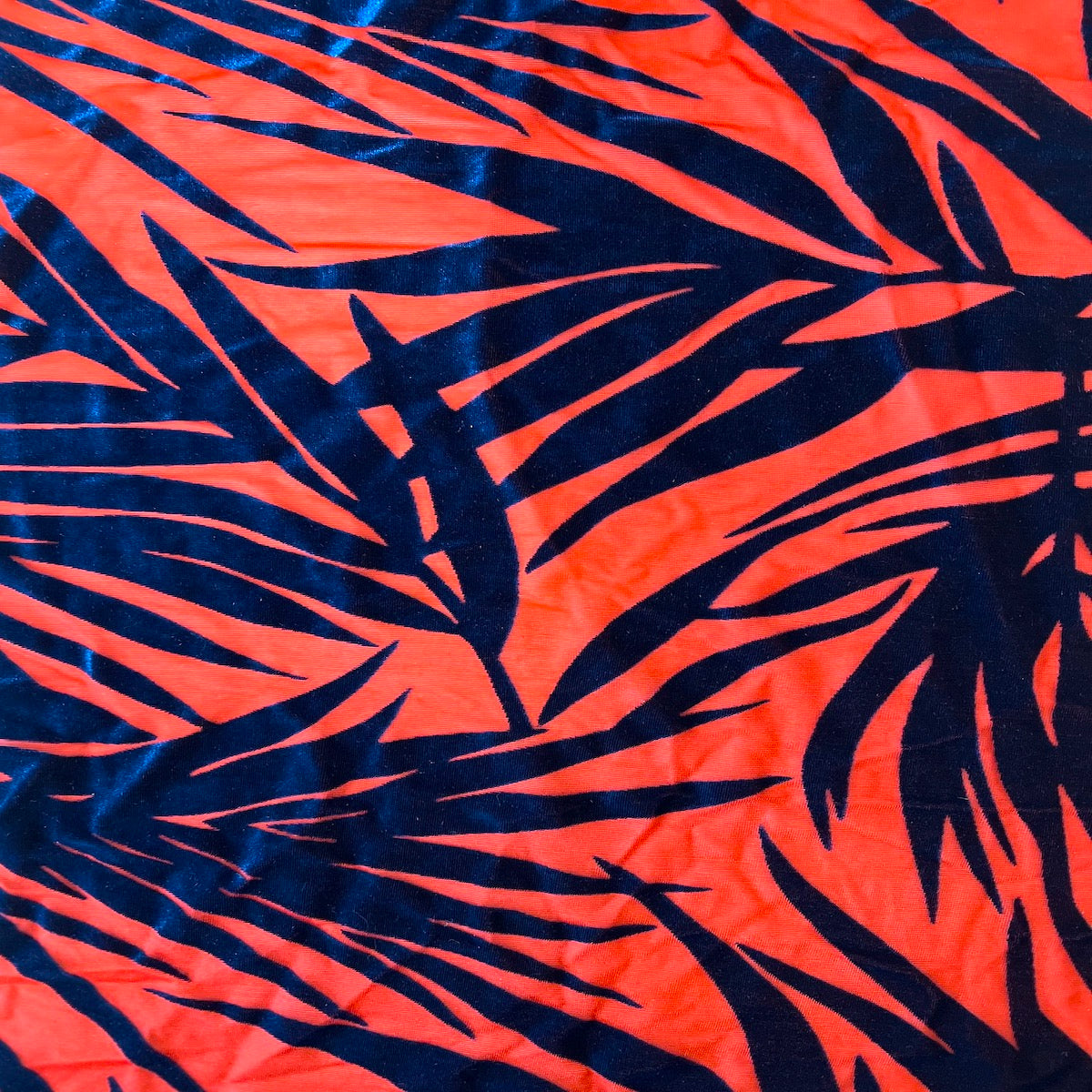 Red | Navy Palm Tree Burnout Stretch Velvet Fabric - Fashion Fabrics LLC