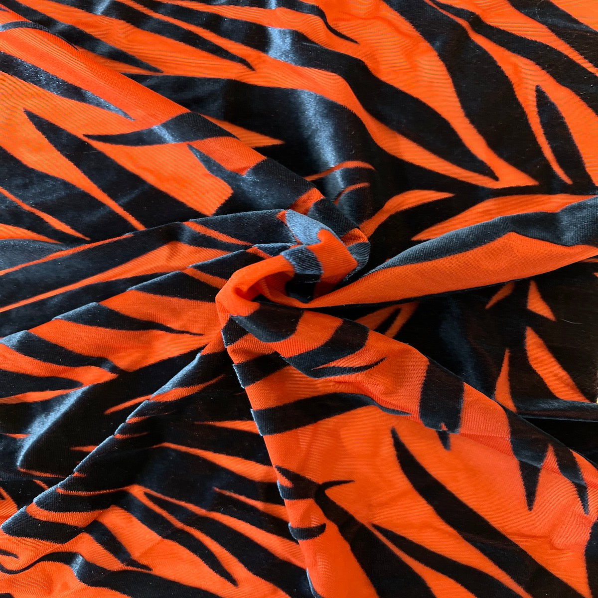 Red | Navy Palm Tree Burnout Stretch Velvet Fabric - Fashion Fabrics LLC