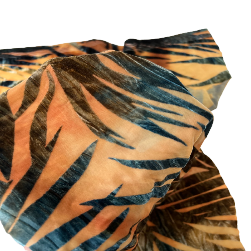 Blue Tie Dye | Beige Palm Tree Burnout Stretch Velvet Fabric - Fashion Fabrics LLC