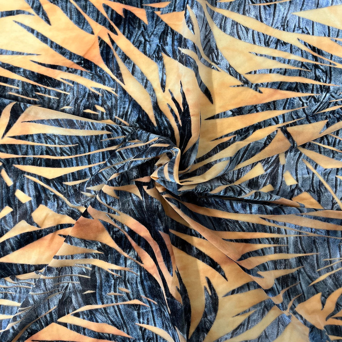 Gray | Beige Palm Tree Burnout Stretch Velvet Fabric - Fashion Fabrics LLC