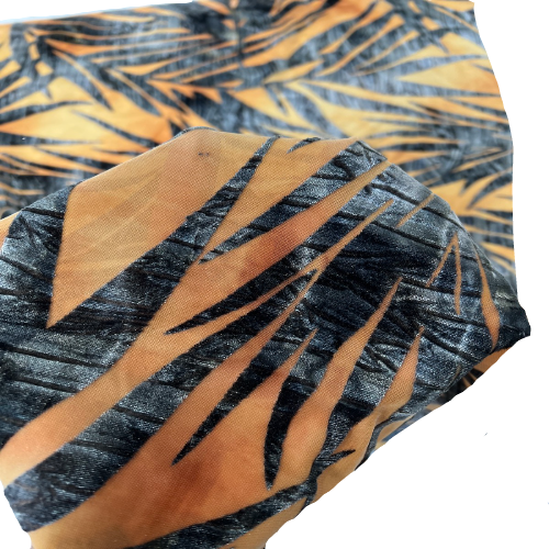 Gray | Beige Palm Tree Burnout Stretch Velvet Fabric - Fashion Fabrics LLC