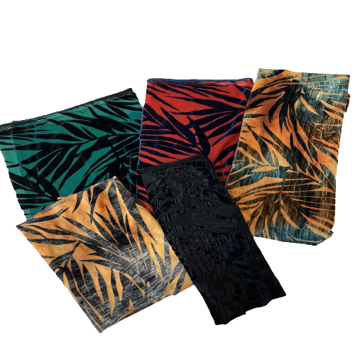 Blue Tie Dye | Beige Palm Tree Burnout Stretch Velvet Fabric - Fashion Fabrics LLC
