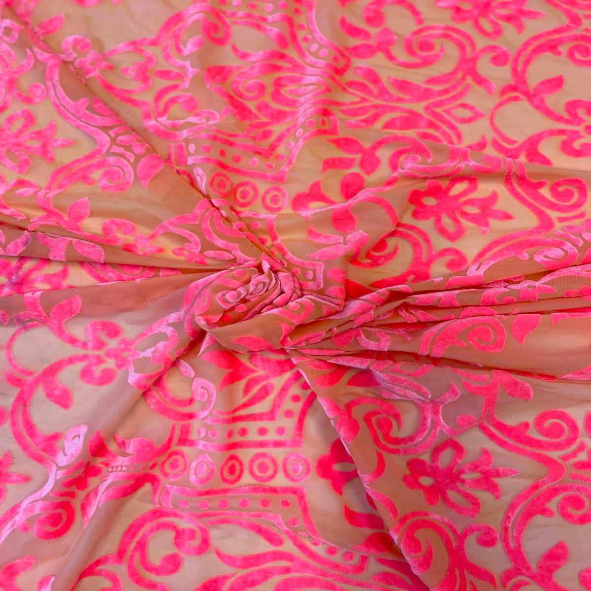 Neon Pink Almafi Geometric Burnout Stretch Velvet Fabric