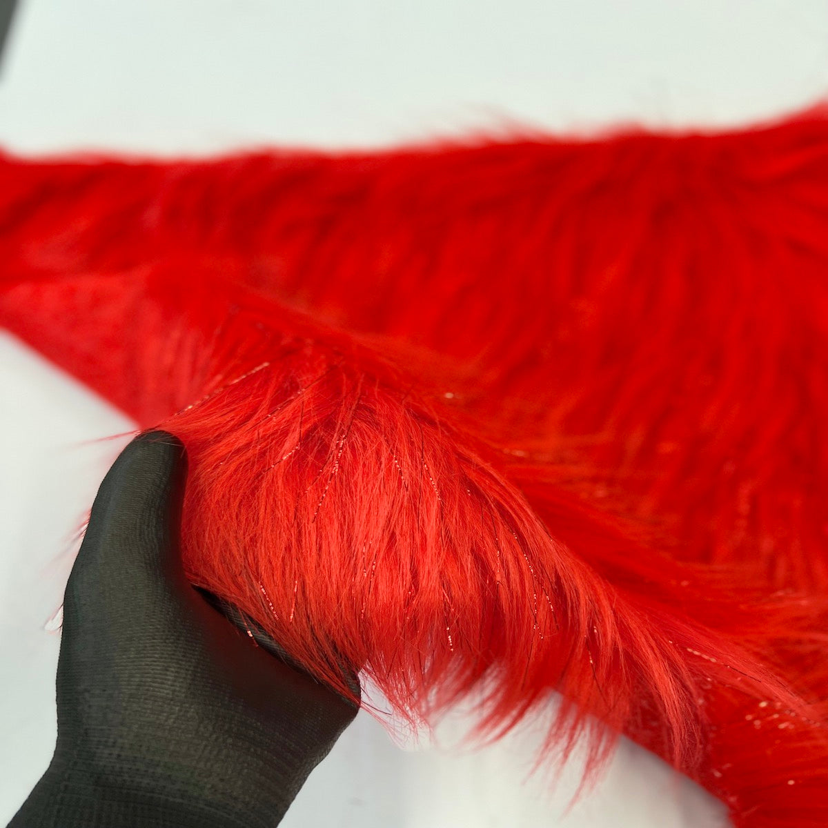 Red Tinsel Sparkle Glitter Long Pile Shaggy Faux Fur Fabric - Fashion Fabrics LLC