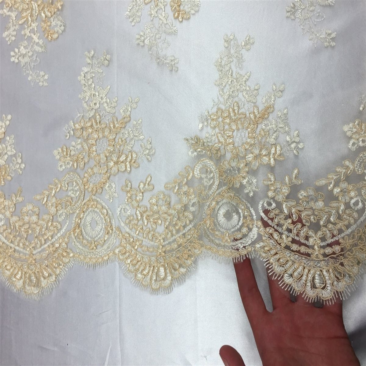 Champagne White Oswald Embroidered Lace Fabric - Fashion Fabrics LLC