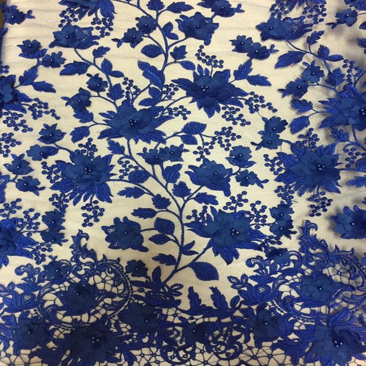 Royal Blue 3D Embroidered Satin Floral Pearl Lace Fabric - Fashion Fabrics LLC