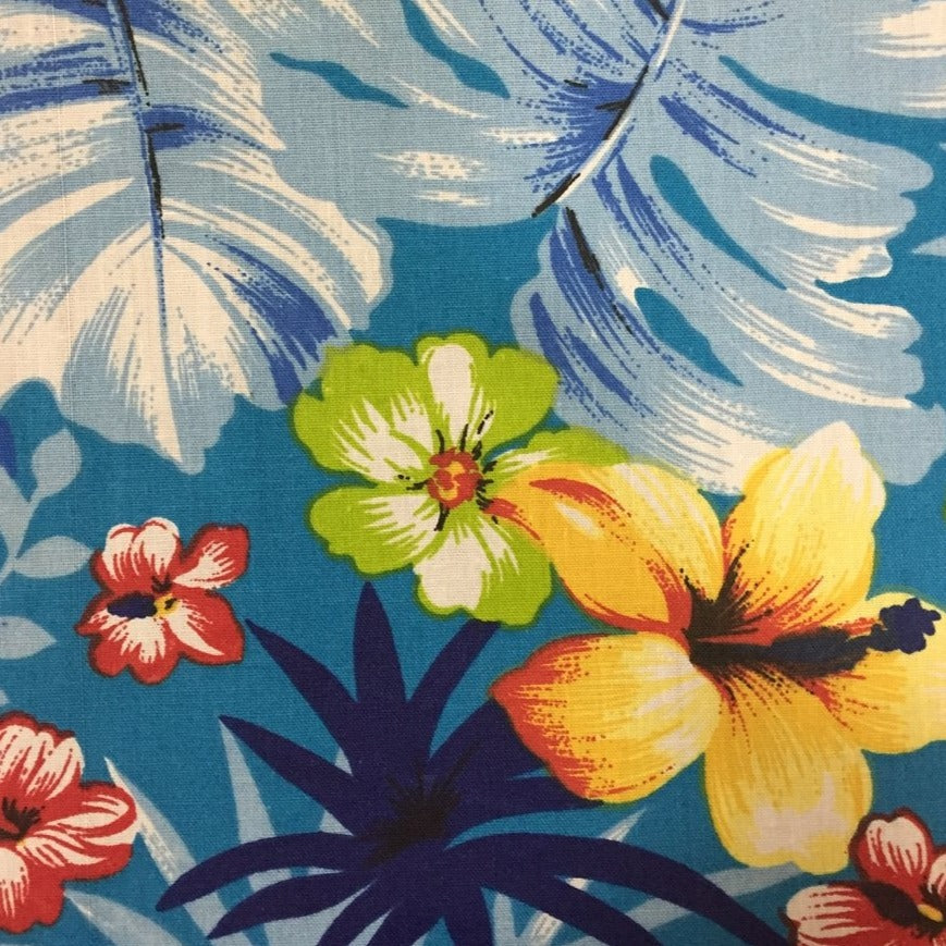 Aqua Hawaiian Print Poly Cotton Fabric - Fashion Fabrics Los Angeles