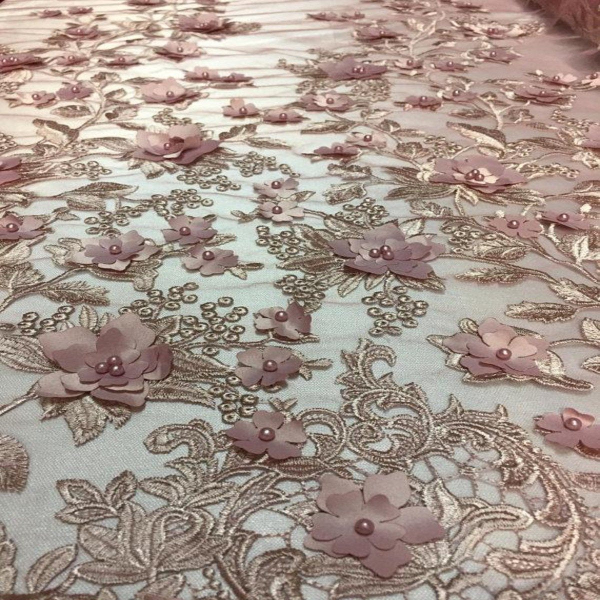 Dusty Rose 3D Embroidered Satin Floral Pearl Lace Fabric - Fashion Fabrics LLC