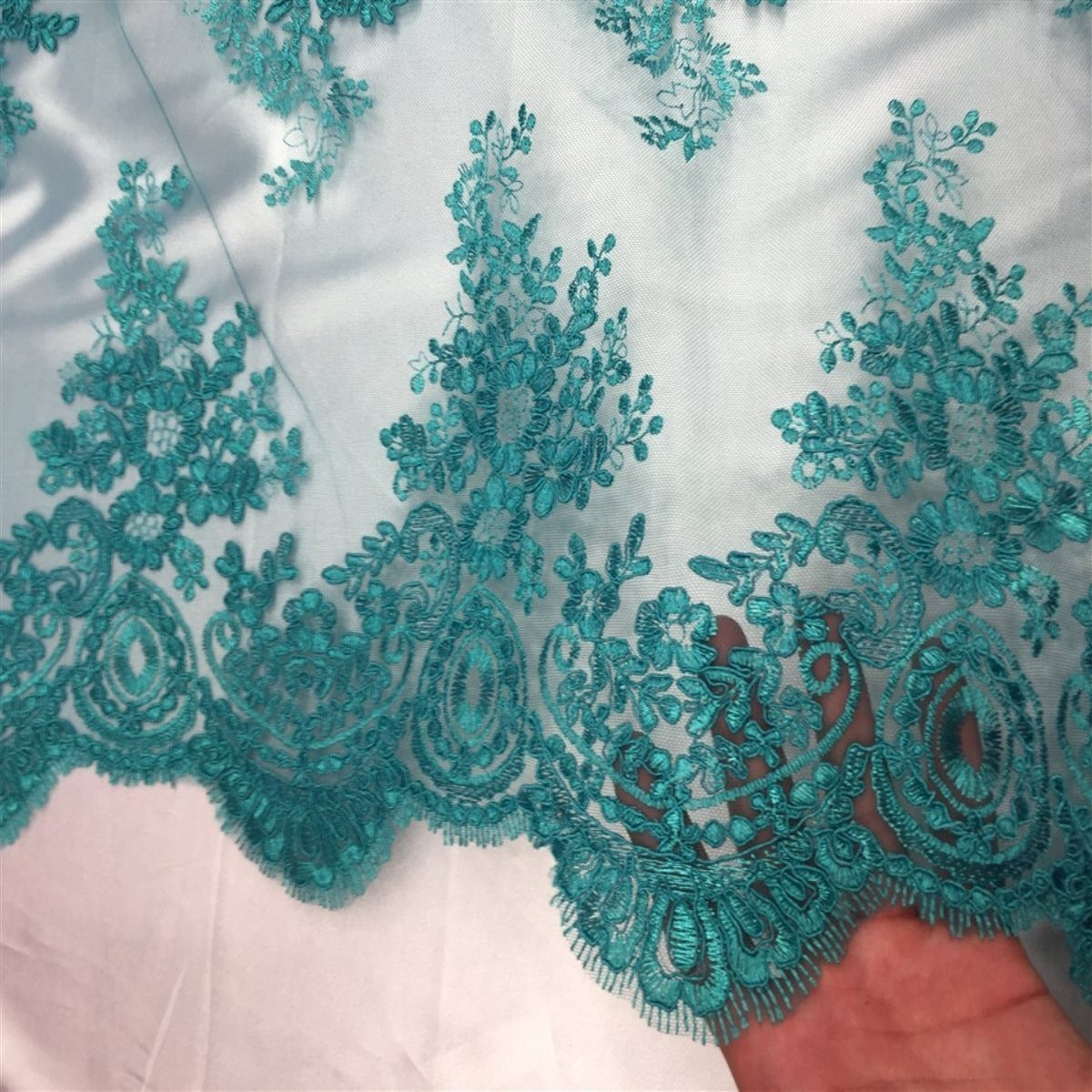 Teal Oswald Embroidered Lace Fabric - Fashion Fabrics LLC