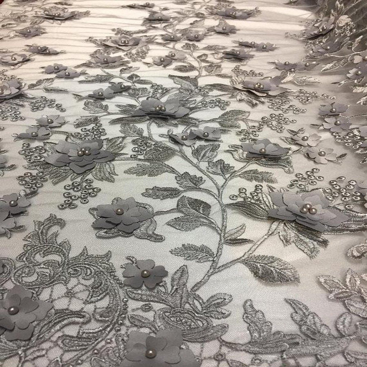 Gray 3D Embroidered Satin Floral Pearl Lace Fabric - Fashion Fabrics LLC